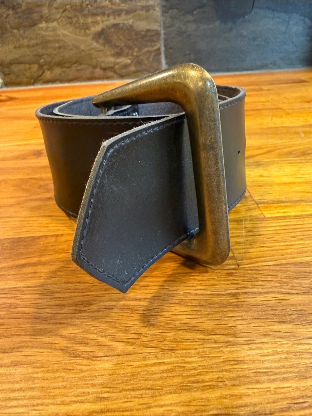 Vintage 1980s Wide Black Leather Contour Belt Made in USA Size 13 (049)